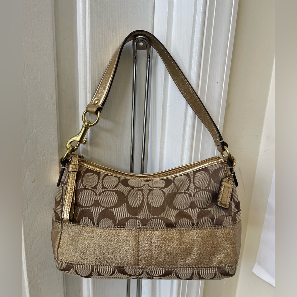 Coach Tan and Gold Small Signature Canvas Shoulder Bag EUC